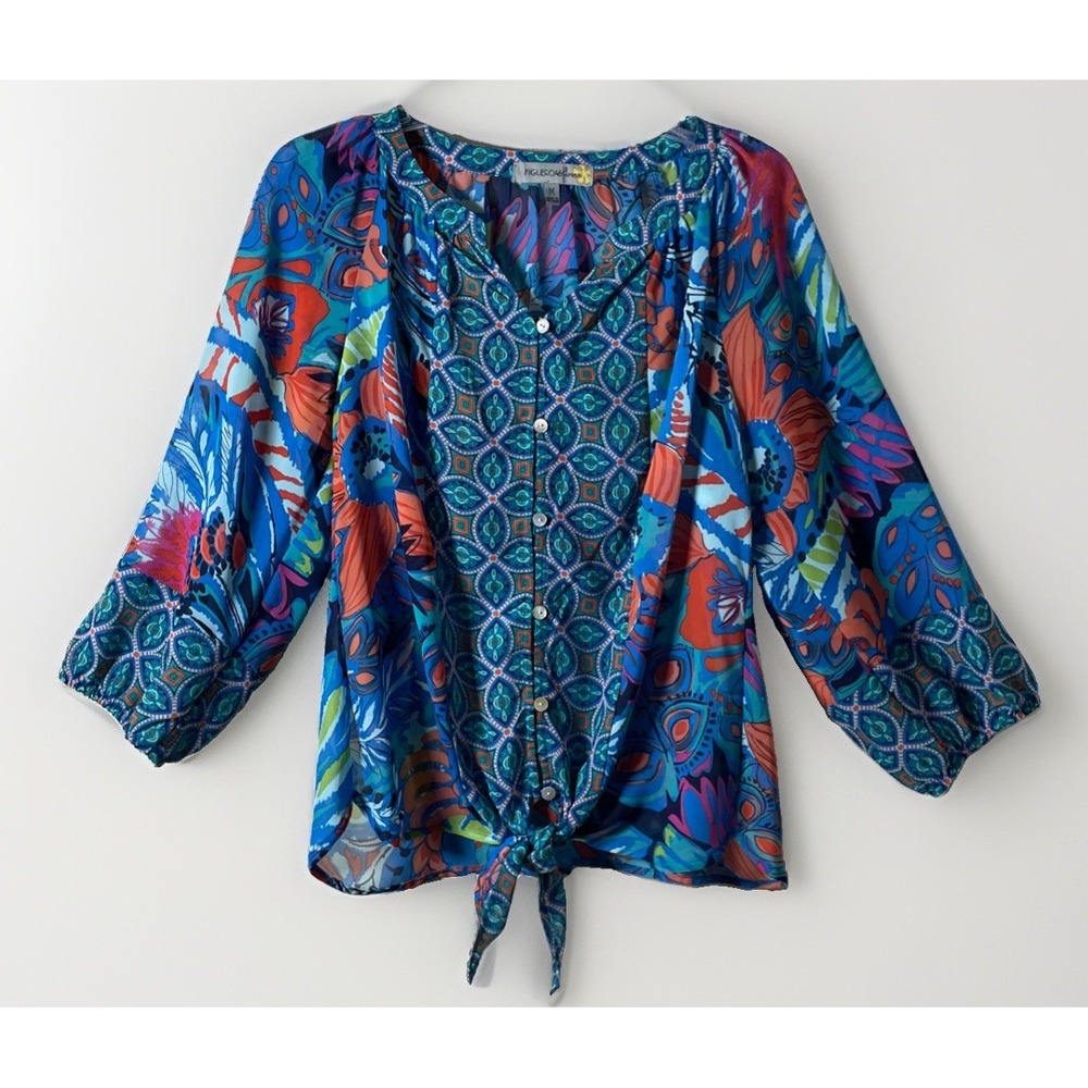 FIG & FLOWER PEASANT BLUE MIX PRINT SHEER‎ BOHO BLOUSE TIE WAIST Women's Medium
